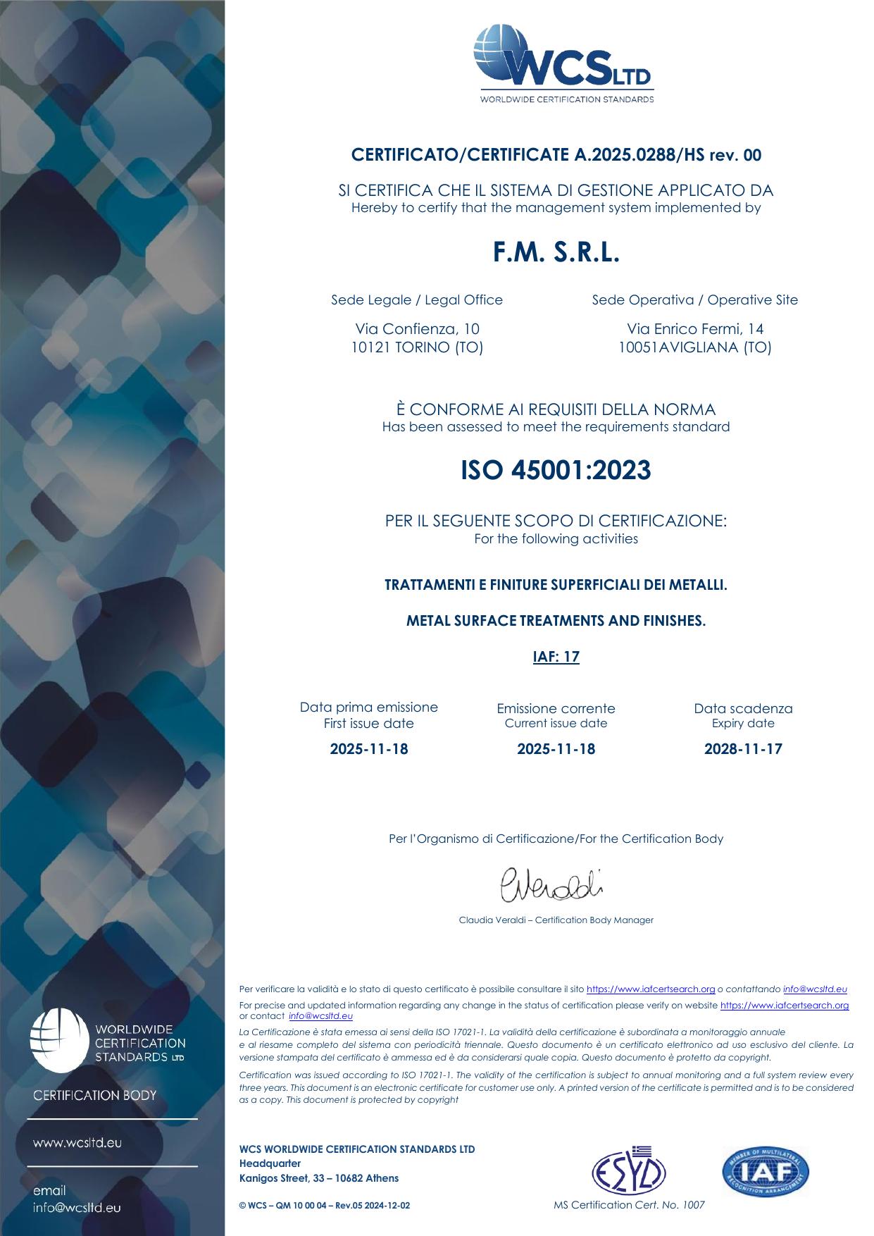 Anteprima del certificato FM ISO 45001:2023